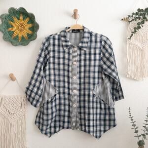 Yushi Blue and Cream Plaid and Stripe Button Down Top